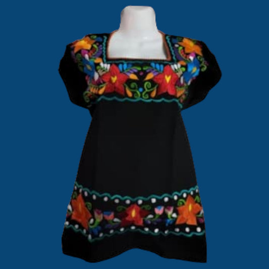 Embroidered Mexican Floral Embroidered Blouse Traditional Otomi Blouse Shirt Colorful Mexican  Blouse huipil from Mexico womens - Black