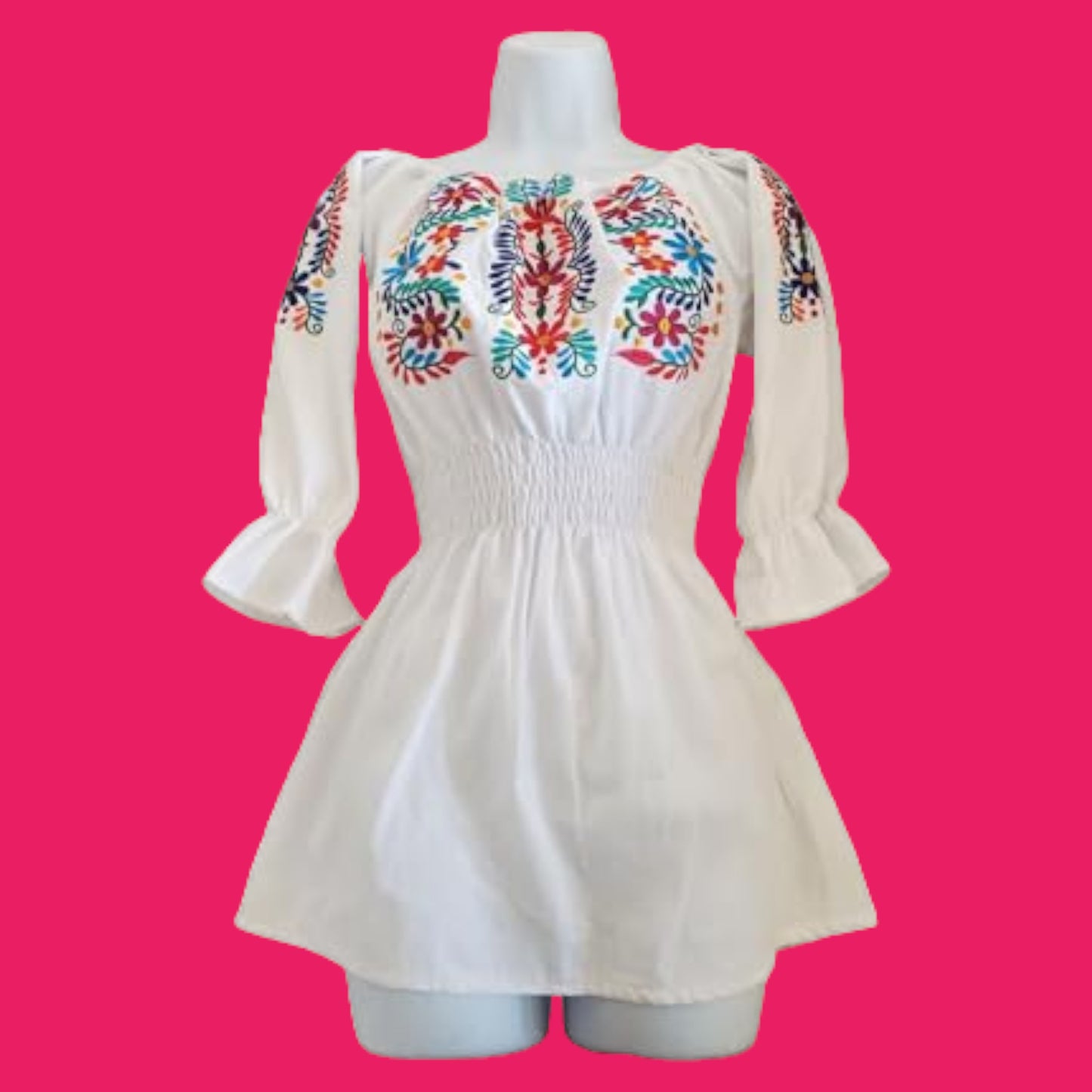 Mexican Floral Embroidered Authentic 3/4 Sleeve Off The Shoulder Elastic Waist Peasant Blouse Bordada Day of the Dead clothing Off Shoulder Ruffle Trim Puff Long Sleeve - White