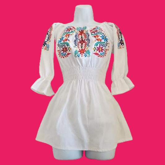 Mexican Floral Embroidered Authentic 3/4 Sleeve Off The Shoulder Elastic Waist Peasant Blouse Bordada Day of the Dead clothing Off Shoulder Ruffle Trim Puff Long Sleeve - White