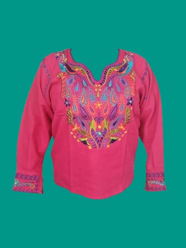 Long Sleeve 3/4 Embroidered Mexican Floral Embroidered Blouse Traditional - Pink