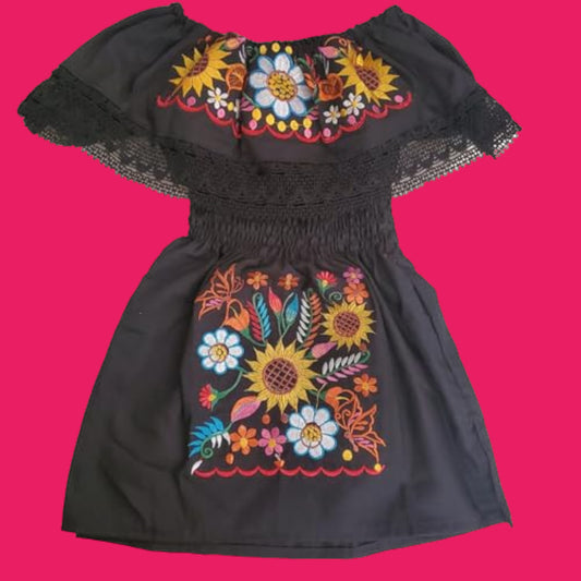 Toddler Girls Traditional AUTHENTIC MEXICAN Off-shoulder Floral Embroidered Dress Toddler Girls Mexican Girls Campesina Dress