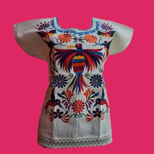 Embroidered Mexican Bird Blouse Floral Embroidered Blouse Traditional Otomi Blouse - Off White