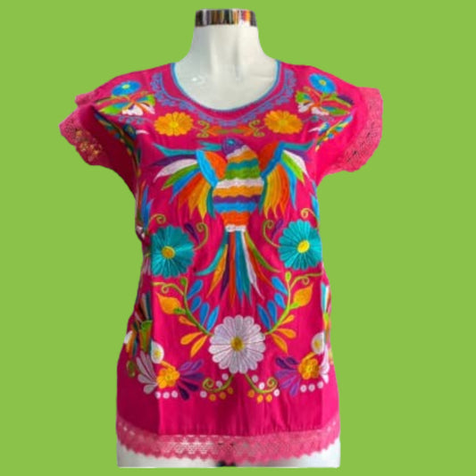 Embroidered Mexican Bird Blouse Floral Embroidered Blouse Traditional Otomi Blouse - Pink
