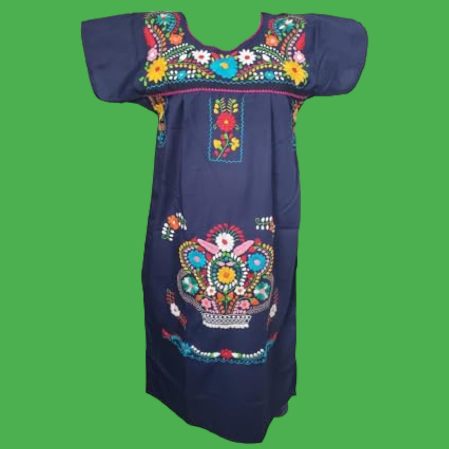 Mexican Embroidered Pueblo Dress Puebla Mexican Poblano Dress Handstitched Women's Hand Embroidered Traditional Dress Mexican Embroidered Dress from Mexico womens vestidos bordados huipil - navy Blue