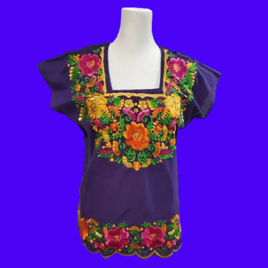 Embroidered Mexican Floral Embroidered Blouse Traditional Blouse Shirt Colorful Mexican Blouse huipil from Mexico - Purple