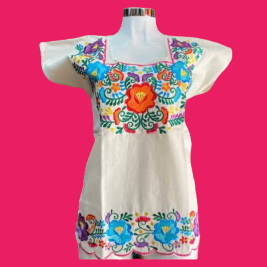 Embroidered Mexican Floral Embroidered Blouse Traditional Blouse Shirt Colorful Mexican Blouse huipil from Mexico - Off White