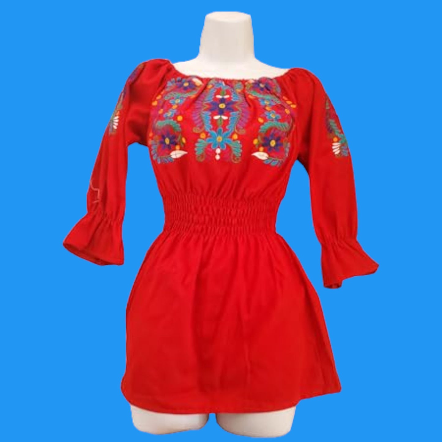 Mexican Floral Embroidered Authentic 3/4 Sleeve Off The Shoulder Elastic Waist Peasant Blouse Bordada Day of the Dead clothing Off Shoulder Ruffle Trim Puff Long Sleeve - Red