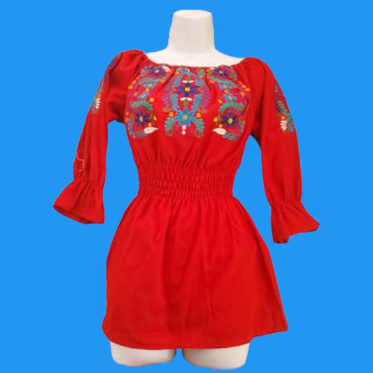 Mexican Floral Embroidered Authentic 3/4 Sleeve Off The Shoulder Elastic Waist Peasant Blouse Bordada Day of the Dead clothing Off Shoulder Ruffle Trim Puff Long Sleeve - Red