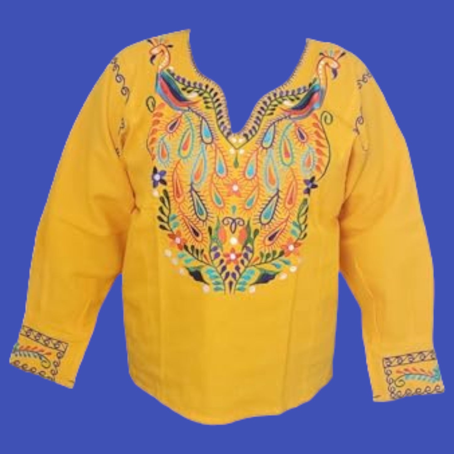 Long Sleeve 3/4 Embroidered Mexican Floral Embroidered Blouse Traditional - Yellow