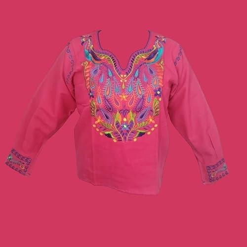 Long Sleeve 3/4 Embroidered Mexican Floral Embroidered Blouse Traditional - Pink