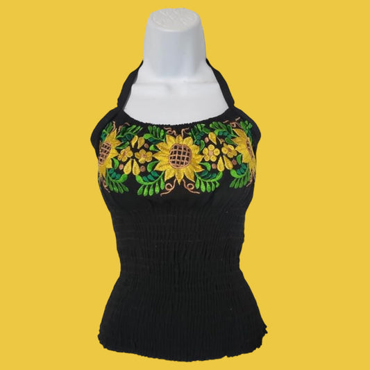 Mexican embroidered Tops Tank Top Under Shirt Blouse from Mexico womens bordados mexicanos huipil black colorful long traditional bordados flower pesent Spaghetti straps