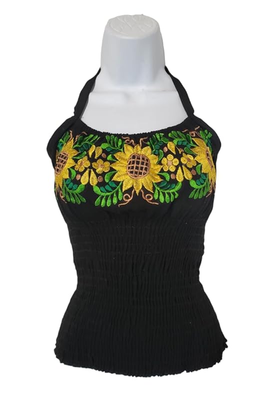 Mexican embroidered Tops Tank Top Under Shirt Blouse from Mexico womens bordados mexicanos huipil black colorful long traditional bordados flower pesent Spaghetti straps