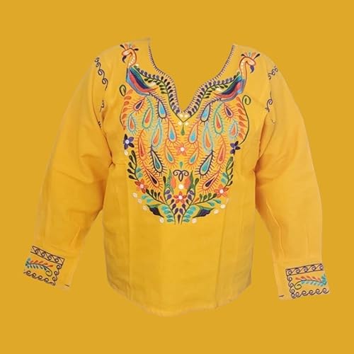 Long Sleeve 3/4 Embroidered Mexican Floral Embroidered Blouse Traditional - Yellow