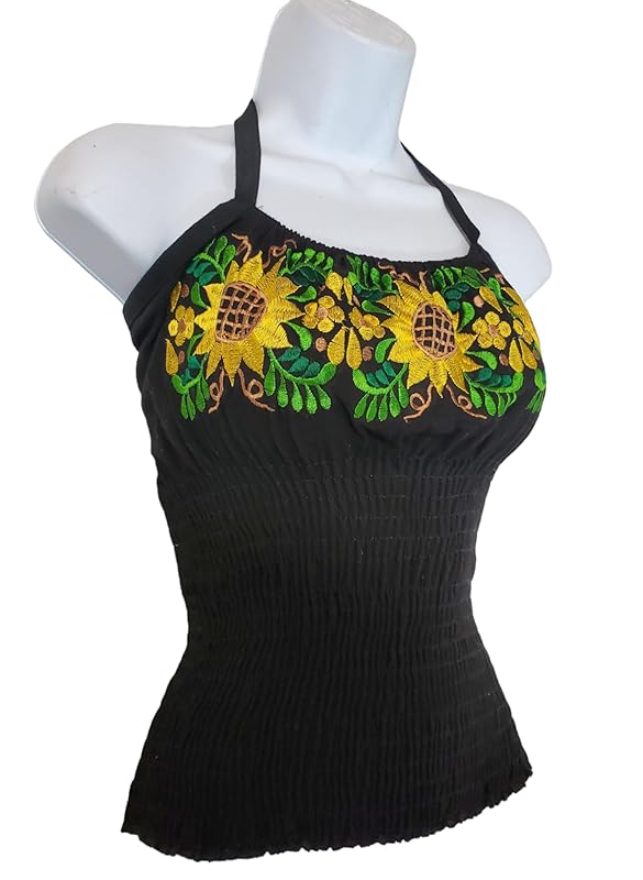 Mexican embroidered Tops Tank Top Under Shirt Blouse from Mexico womens bordados mexicanos huipil black colorful long traditional bordados flower pesent Spaghetti straps