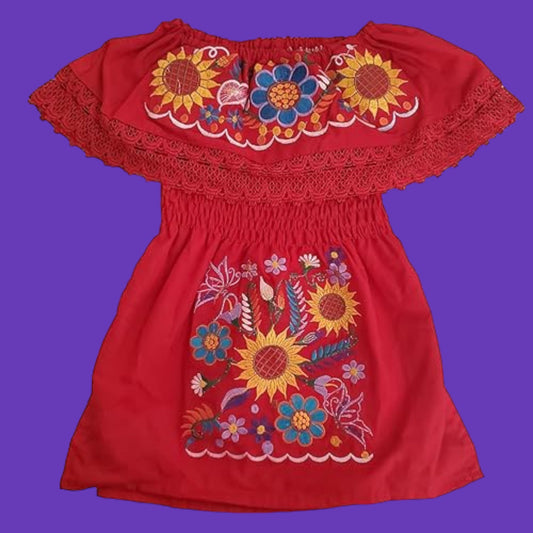 Toddler Girls Traditional AUTHENTIC MEXICAN Off-shoulder Floral Embroidered Dress Toddler Girls Mexican Floral Girls Campesina Dress Off-the-Shoulder Campesina Dress for Girls Traditional Girls Campesina Dress Mexican