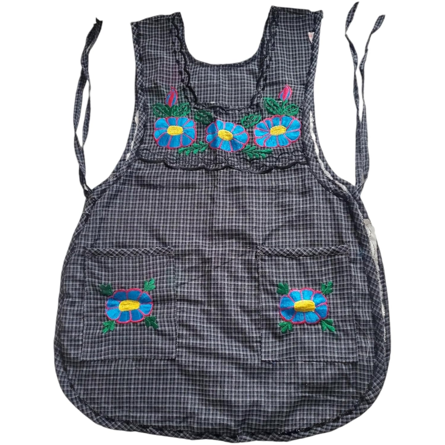 Traditional Mexican Apron for Women with Pockets and Beautiful Flower Embroidery - Mandiles para Mujer Mexicanos Mandil escapulario mandil Artesanal cobbler apron smocks - BLACK