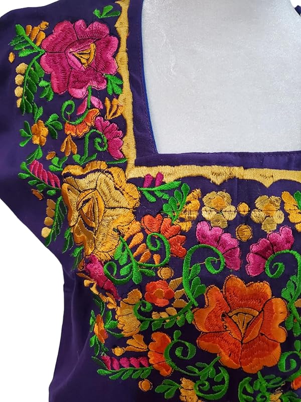 Embroidered Mexican Floral Embroidered Blouse Traditional Blouse Shirt Colorful Mexican Blouse huipil from Mexico - Purple