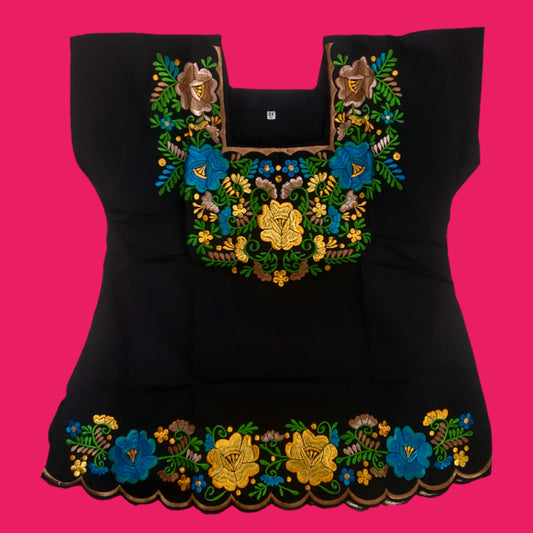 Embroidered Mexican Floral Embroidered Blouse Traditional Blouse Shirt Colorful Mexican Blouse huipil from Mexico - Black