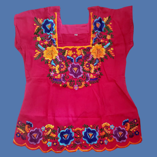 Embroidered Mexican Floral Embroidered Blouse Traditional Blouse Shirt Colorful Mexican Blouse huipil from Mexico - Pink