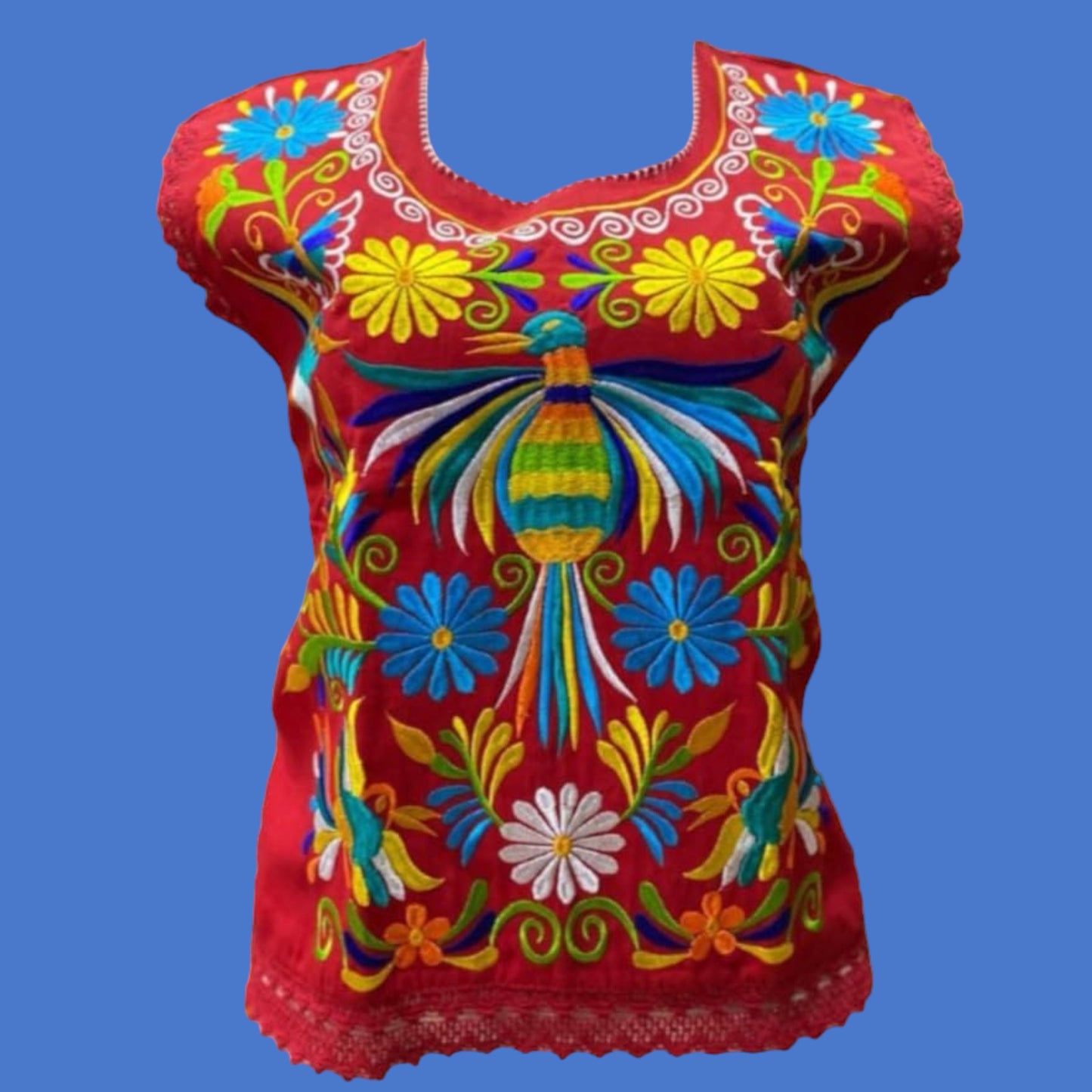 Embroidered Mexican Bird Blouse Floral Embroidered Blouse Traditional Otomi Blouse - Red