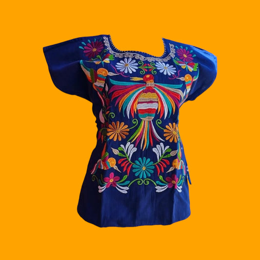 Embroidered Mexican Bird Blouse Floral Embroidered Blouse Traditional Otomi Blouse - Royal Blue