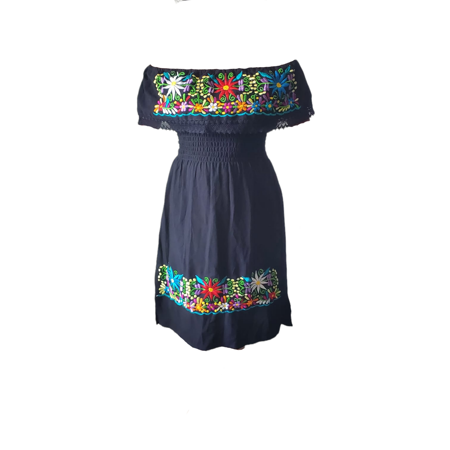 CAMPESINA Dress in Black Women's Knee Length Mexican Dress Embroidered Off Shoulder Style - BLACK - Dresses Day of the Dead Dress