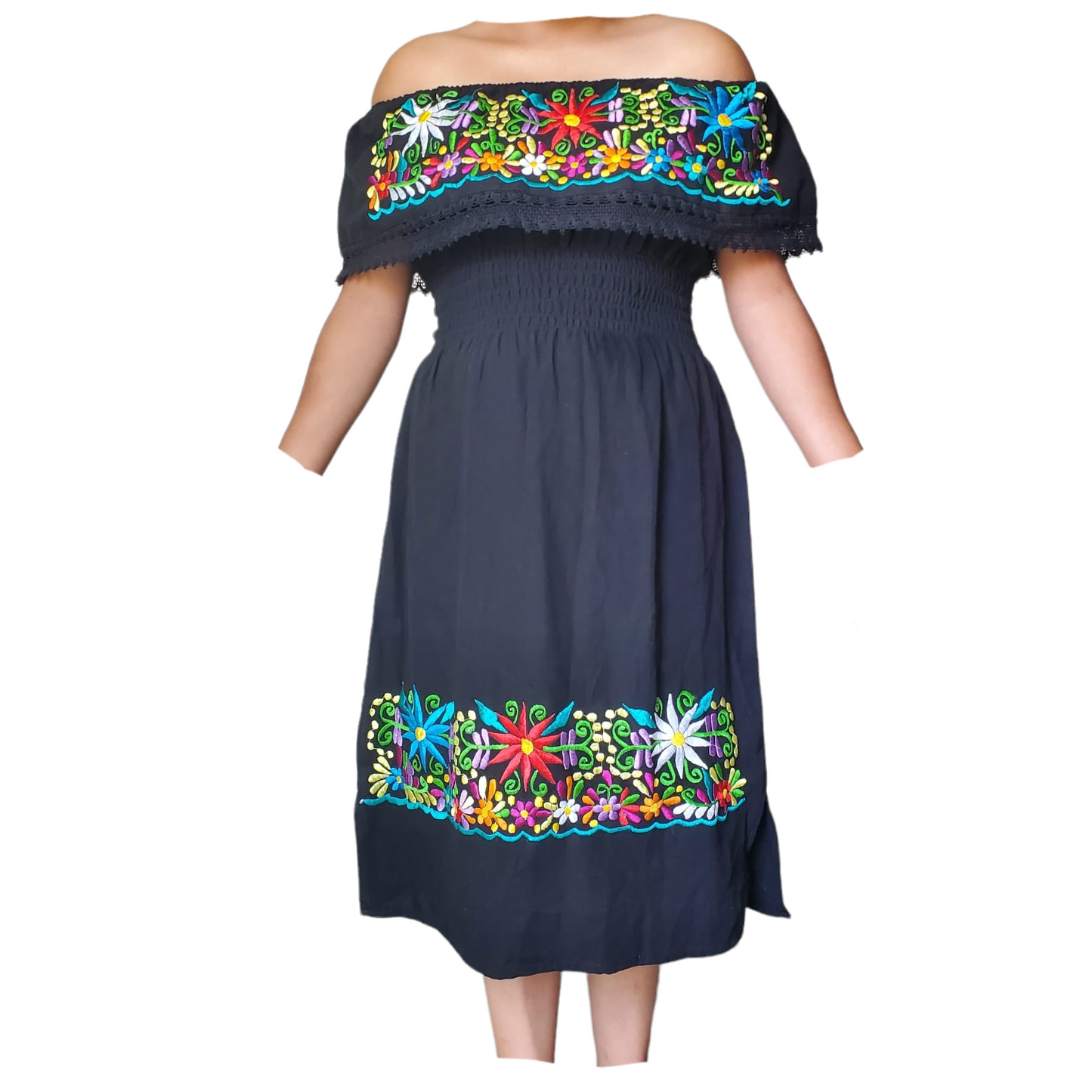 CAMPESINA Dress in Black Women's Knee Length Mexican Dress Embroidered Off Shoulder Style - BLACK - Dresses Day of the Dead Dress