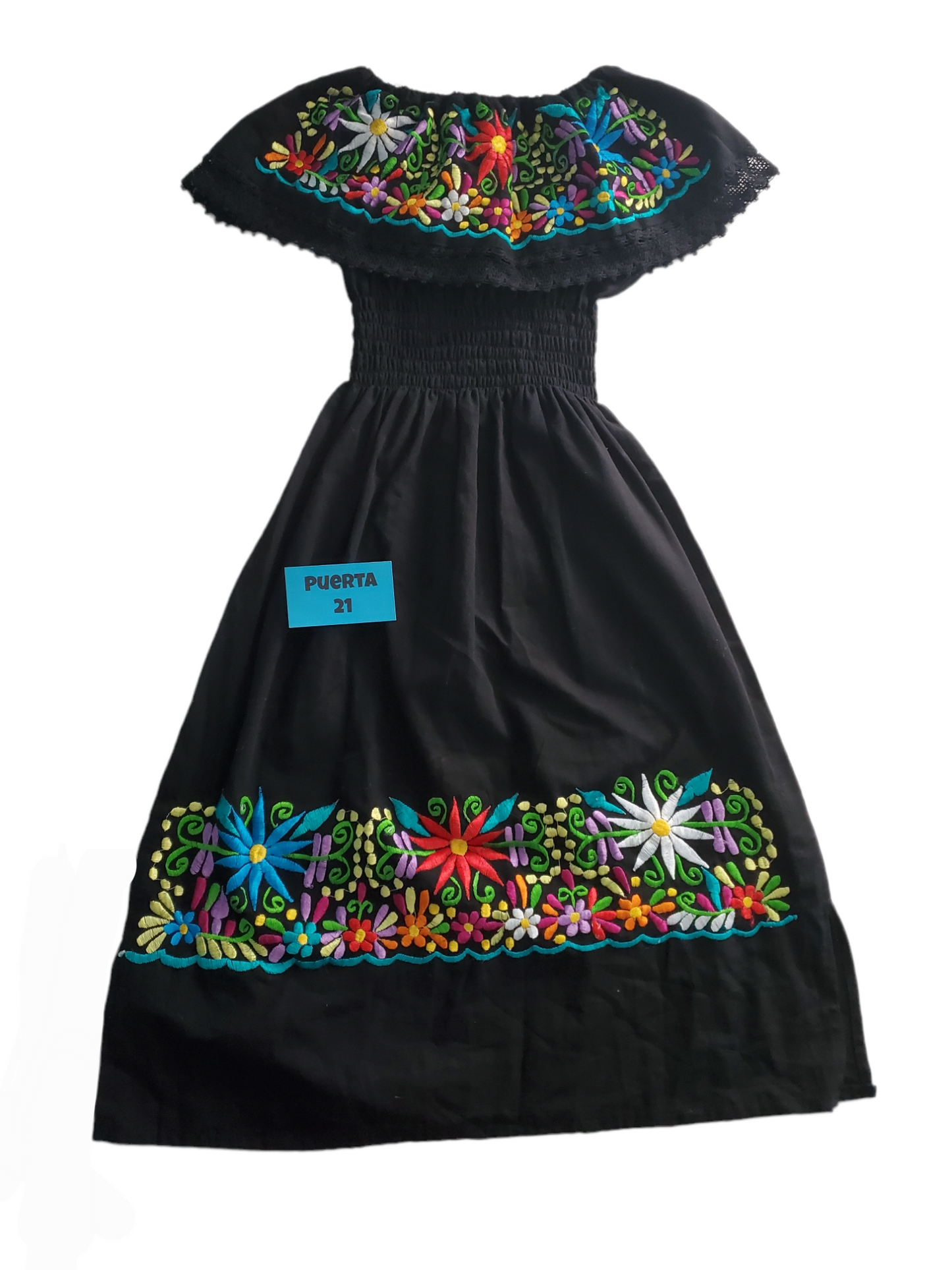 CAMPESINA Dress in Black Women's Knee Length Mexican Dress Embroidered Off Shoulder Style - BLACK - Dresses Day of the Dead Dress