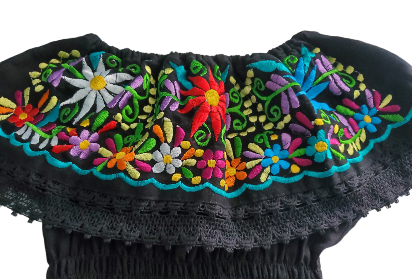 CAMPESINA Dress in Black Women's Knee Length Mexican Dress Embroidered Off Shoulder Style - BLACK - Dresses Day of the Dead Dress