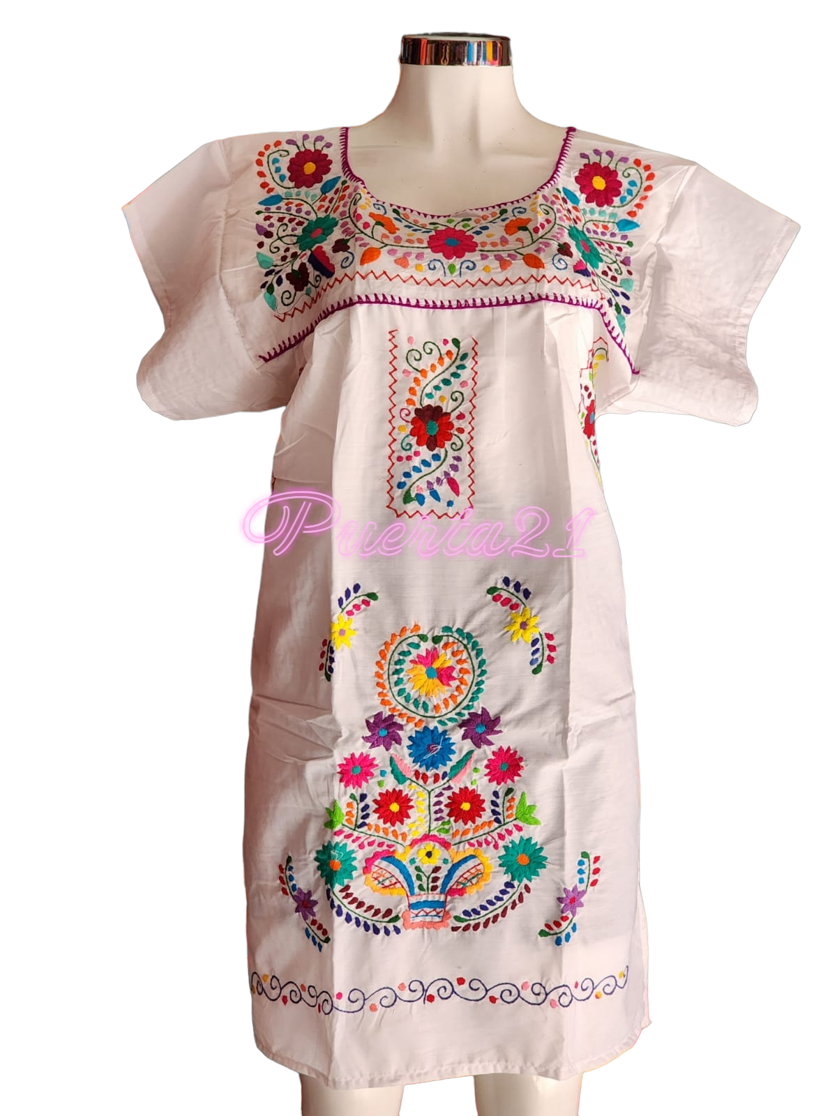 Girl's Mexican Dress Puebla White Hand Embroidered Multicolored Floral  Embroidery 
