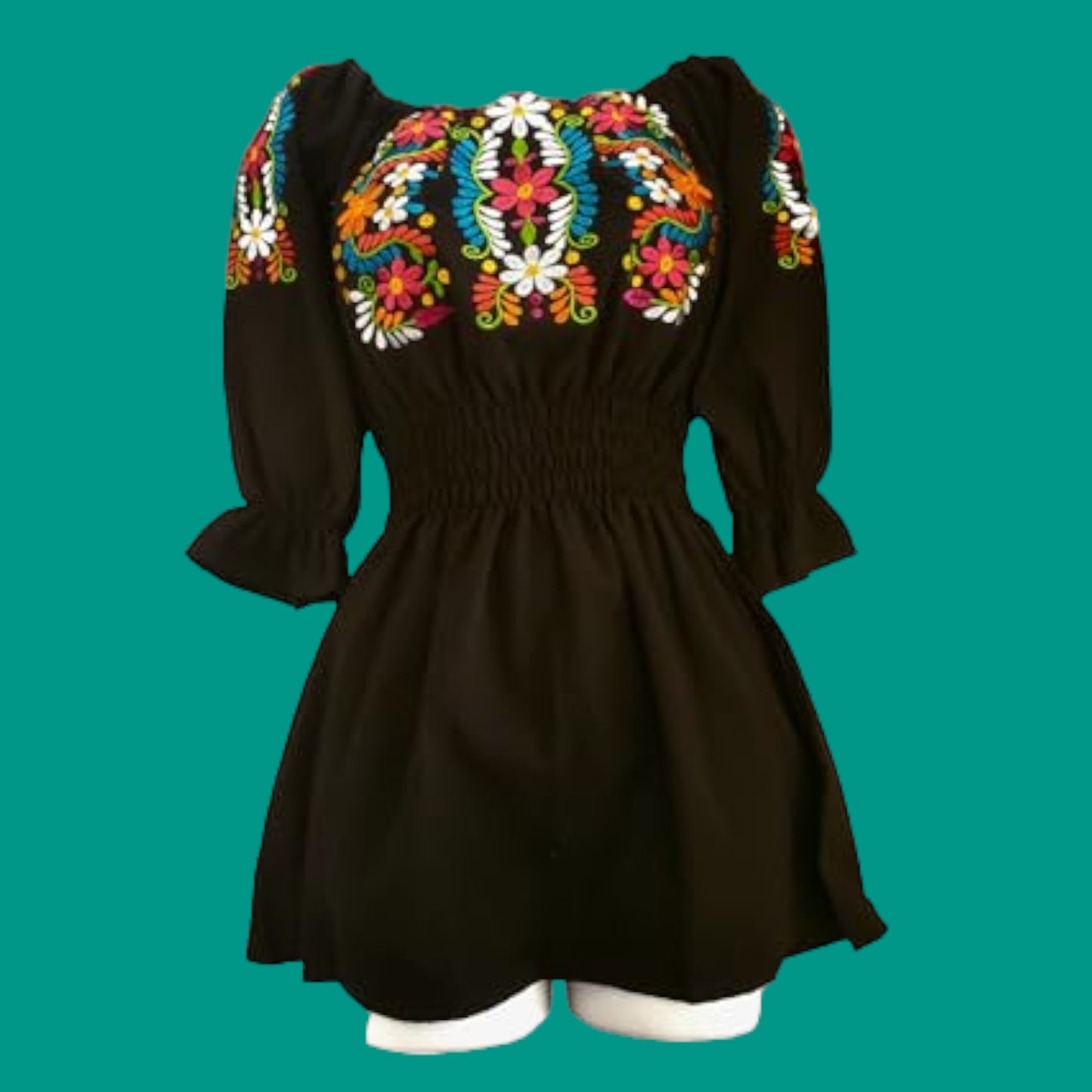 Mexican Floral Embroidered Authentic 3/4 Sleeve Off The Shoulder Elastic Waist Peasant Blouse Bordada Day of the Dead clothing Off Shoulder Ruffle Trim Puff Long Sleeve - Black