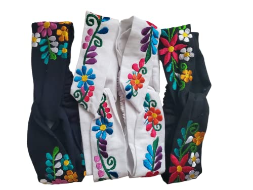 Mexican Headband Embroidered Colorful Mexican Flower Headband headpiece wear for girls or women hair floral/sunflower boho hippie accessory headbands set (BLACK AND WHITE)