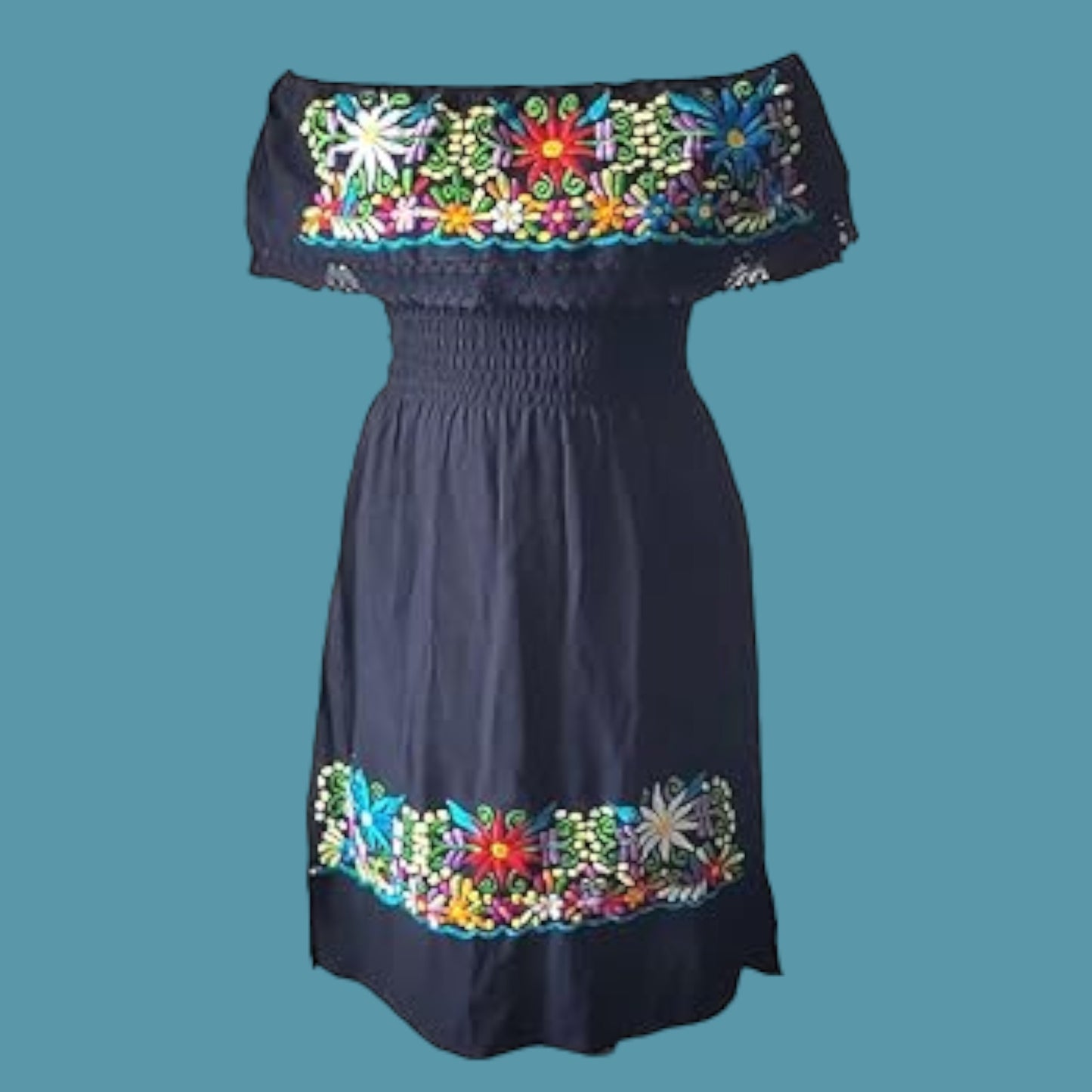 CAMPESINA Dress in Black Women's Knee Length Mexican Dress Embroidered Puerta21shop CAMPESINA Dress in Black Women's Knee Length Mexican Dress Embroidered Puerta21shop