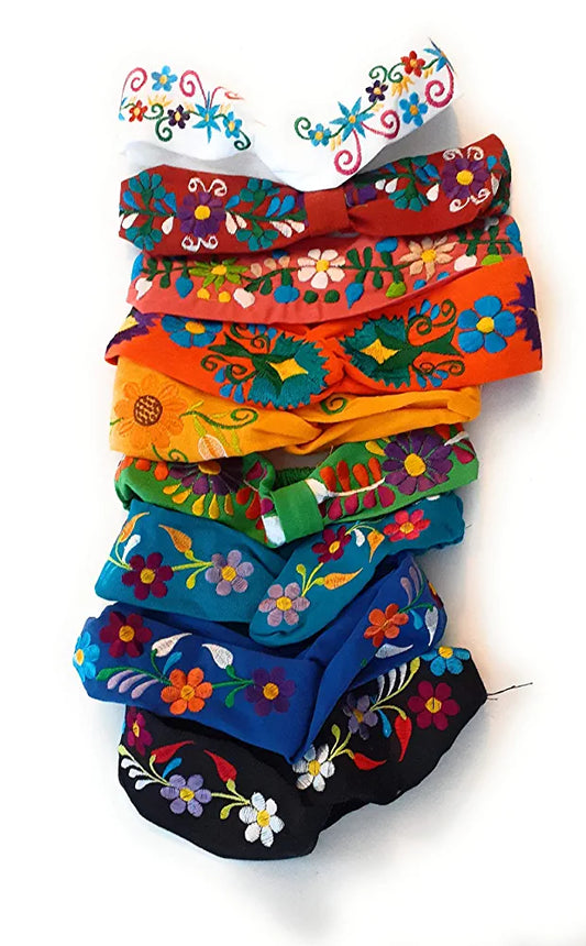 Mexican Headband Embroidered Colorful Mexican Flower Headband headpiece wear for girls or women hair floral/sunflower boho hippie accessory headbands set of Single Unit random color mexican scrunchie