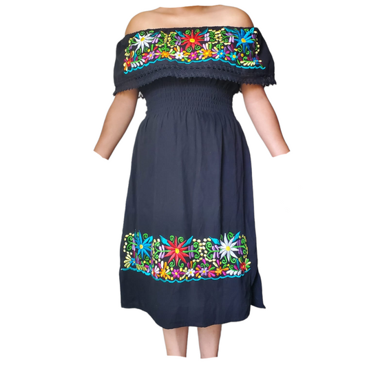 CAMPESINA Dress in Black Women's Knee Length Mexican Dress Embroidered Off Shoulder Style - BLACK - Dresses Day of the Dead Dress