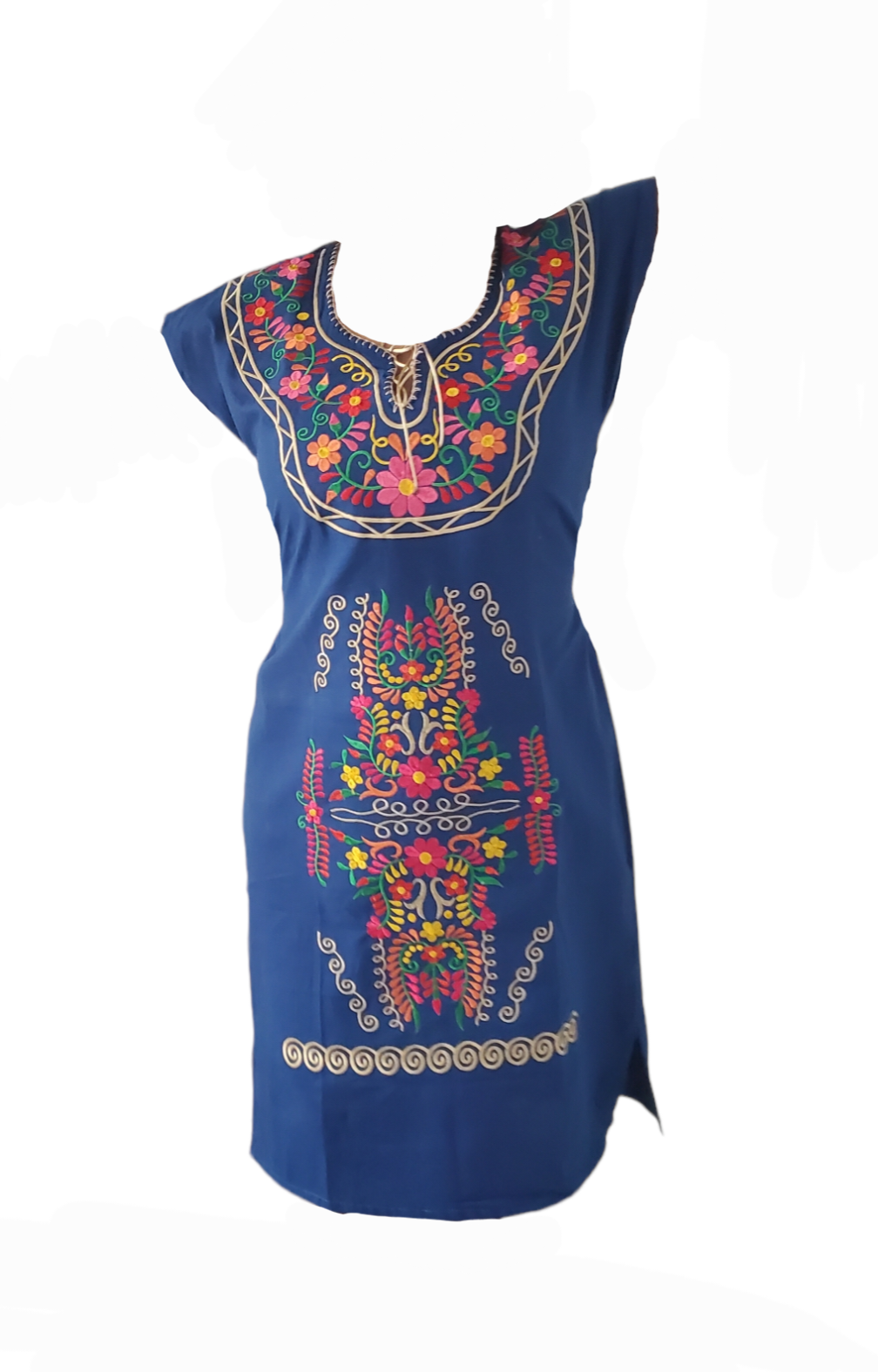Mexican Dress Puebla Royal Blue W/ Multicolored Embroidery -  Canada